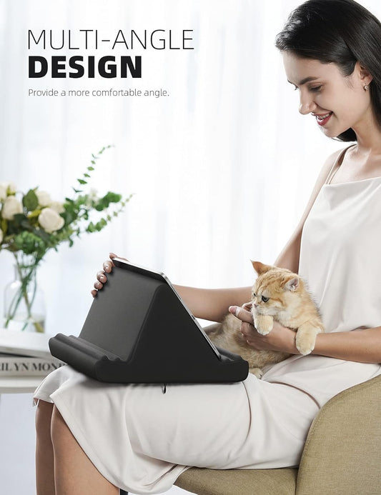 Tablet Pillow Holder Stand - Tablet Pillow Soft Pad Dock for Lap, Bed and Desk with Pocket & 4 Viewing Angles, for Ipad Pro 13, 11, 12.9, Air, Mini, Kindle, Iphone, 4-13" Devices, Black