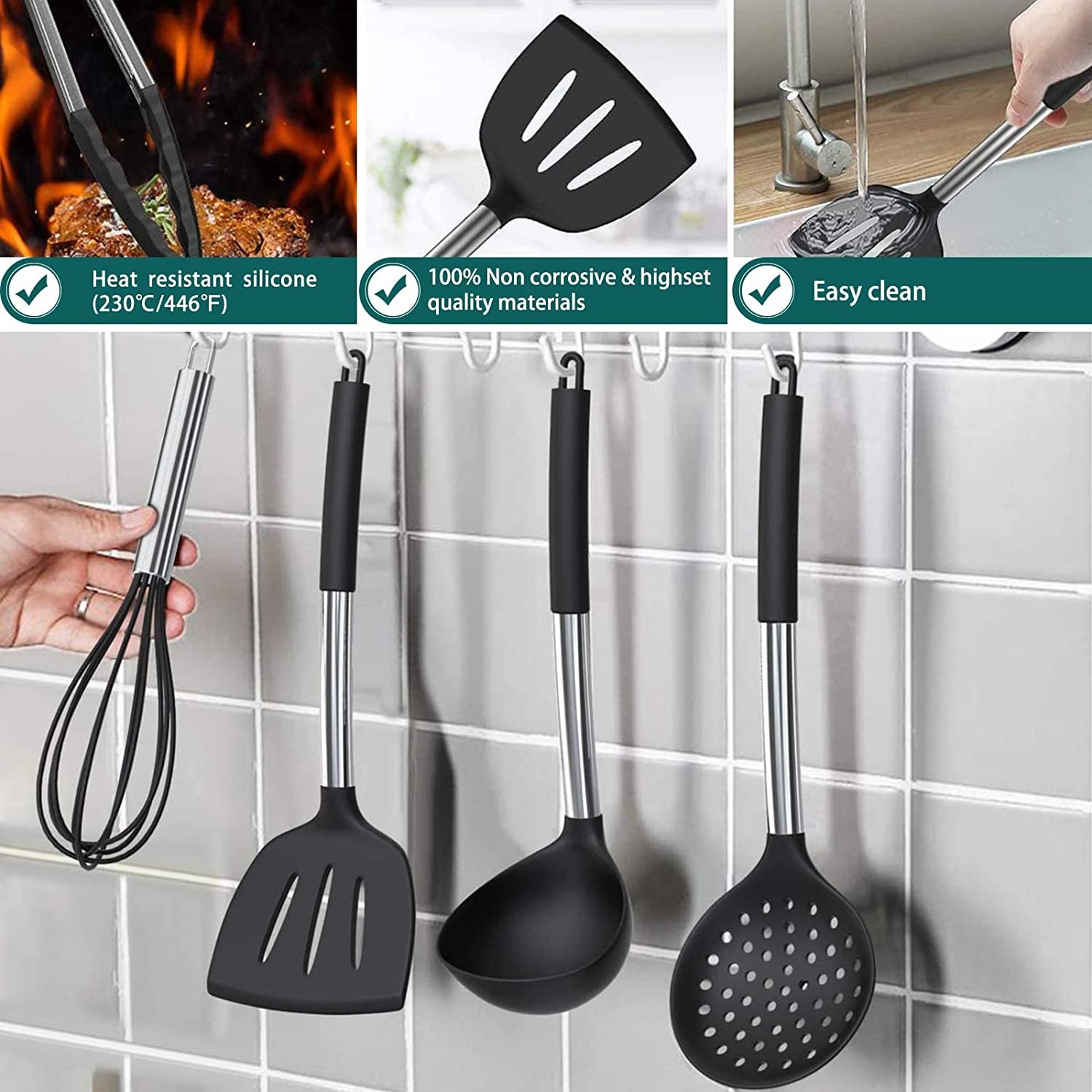 Silicone Cooking Utensil Set,  15Pcs Silicone Cooking Kitchen Utensils Set, Non-Stick - Best Kitchen Cookware with Stainless Steel Handle - Black Kitchen Utensils
