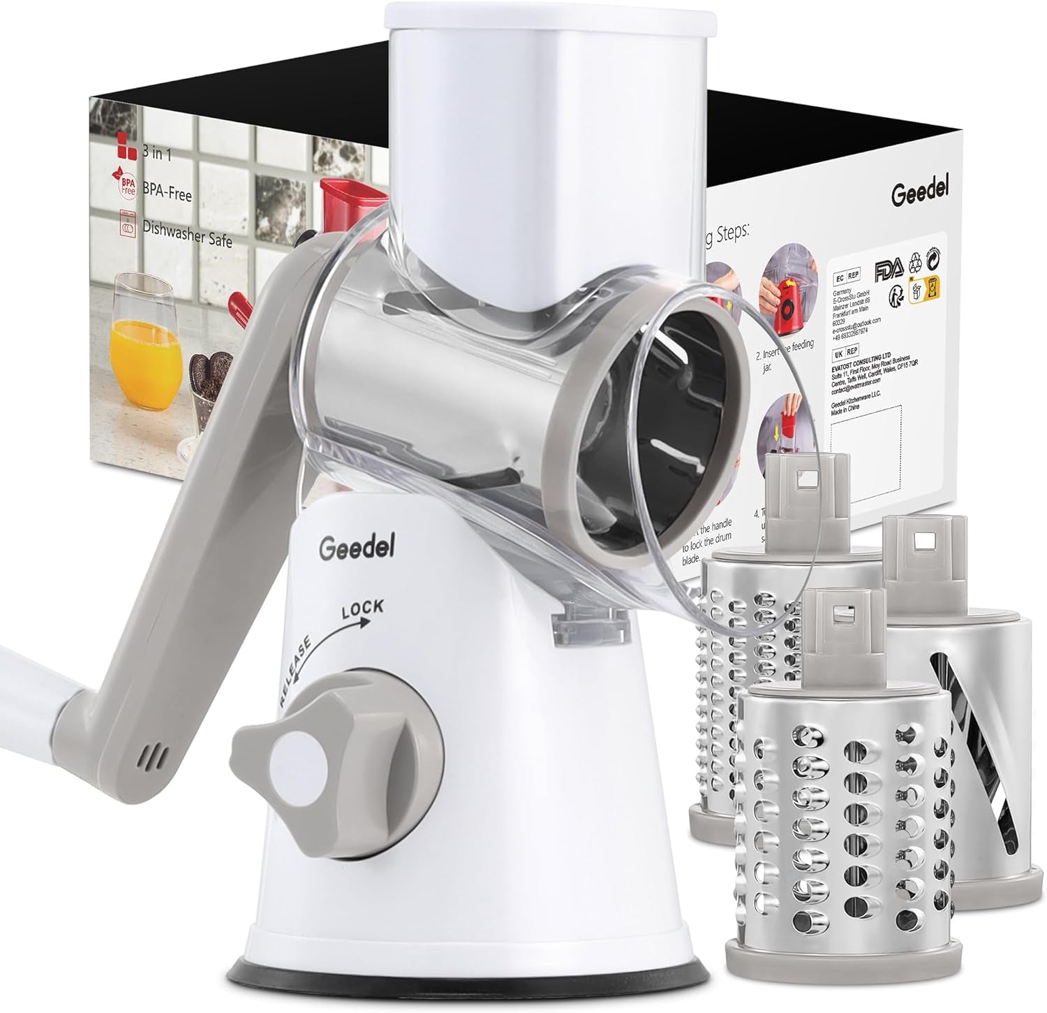 Ultimate Rotary Cheese Grater & Mandoline Slicer - 3 Interchangeable Blades for Effortless Grating & Slicing of Fruits, Vegetables, and Nuts! Easy to Clean!