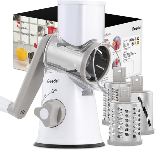 Ultimate Rotary Cheese Grater & Mandoline Slicer - 3 Interchangeable Blades for Effortless Grating & Slicing of Fruits, Vegetables, and Nuts! Easy to Clean!