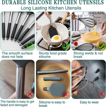 Silicone Cooking Utensil Set,  15Pcs Silicone Cooking Kitchen Utensils Set, Non-Stick - Best Kitchen Cookware with Stainless Steel Handle - Black Kitchen Utensils