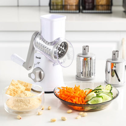 Ultimate Rotary Cheese Grater & Mandoline Slicer - 3 Interchangeable Blades for Effortless Grating & Slicing of Fruits, Vegetables, and Nuts! Easy to Clean!