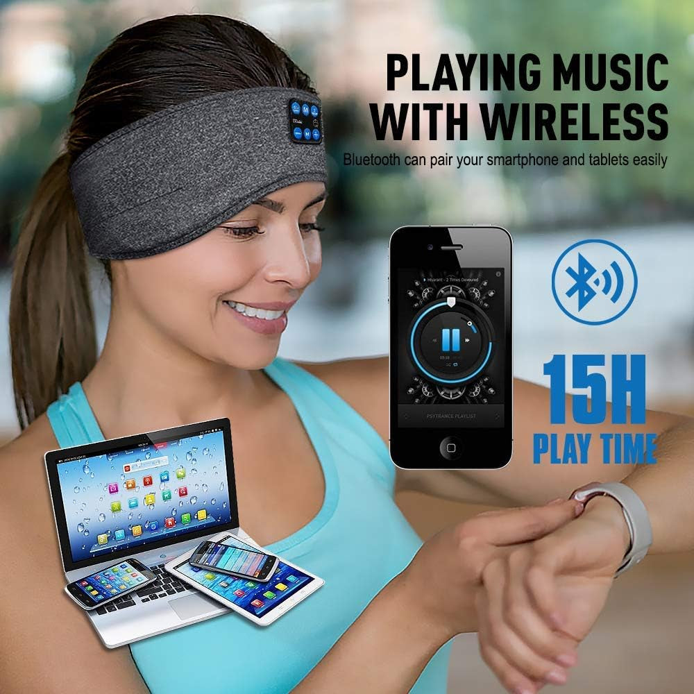 Sleep Headband White Noise Headphones Wireless Bluetooth Sports Built-In HD Stereo Speaker Side Sleepers Sleeping Running Yoga Workout Jogging Insomnia Travel Meditation Grey Version 2021-09