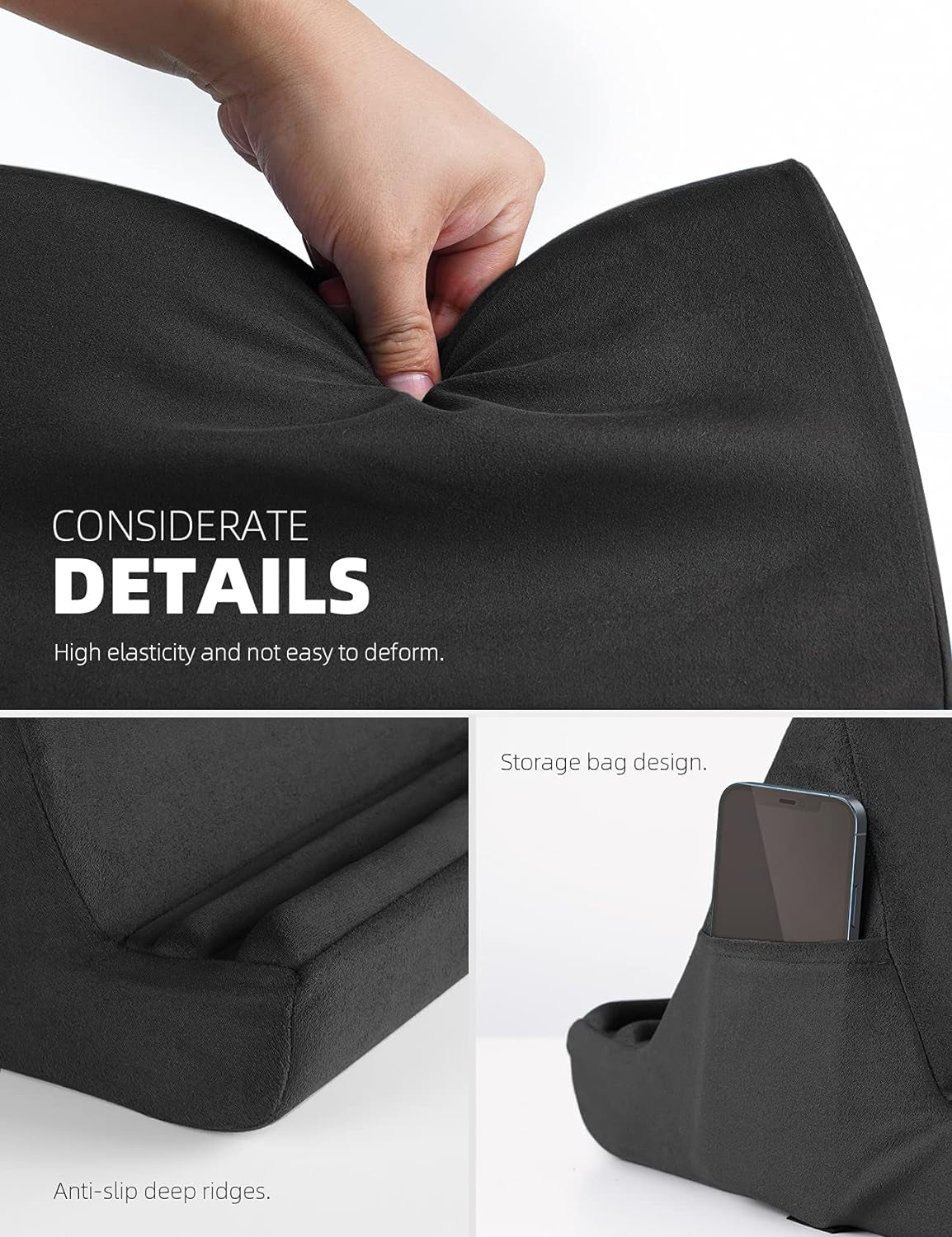 Tablet Pillow Holder Stand - Tablet Pillow Soft Pad Dock for Lap, Bed and Desk with Pocket & 4 Viewing Angles, for Ipad Pro 13, 11, 12.9, Air, Mini, Kindle, Iphone, 4-13" Devices, Black