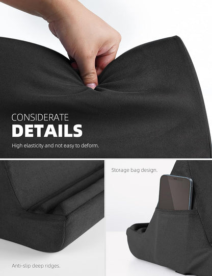 Tablet Pillow Holder Stand - Tablet Pillow Soft Pad Dock for Lap, Bed and Desk with Pocket & 4 Viewing Angles, for Ipad Pro 13, 11, 12.9, Air, Mini, Kindle, Iphone, 4-13" Devices, Black