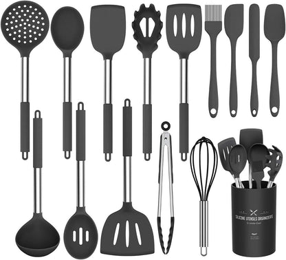 Silicone Cooking Utensil Set,  15Pcs Silicone Cooking Kitchen Utensils Set, Non-Stick - Best Kitchen Cookware with Stainless Steel Handle - Black Kitchen Utensils