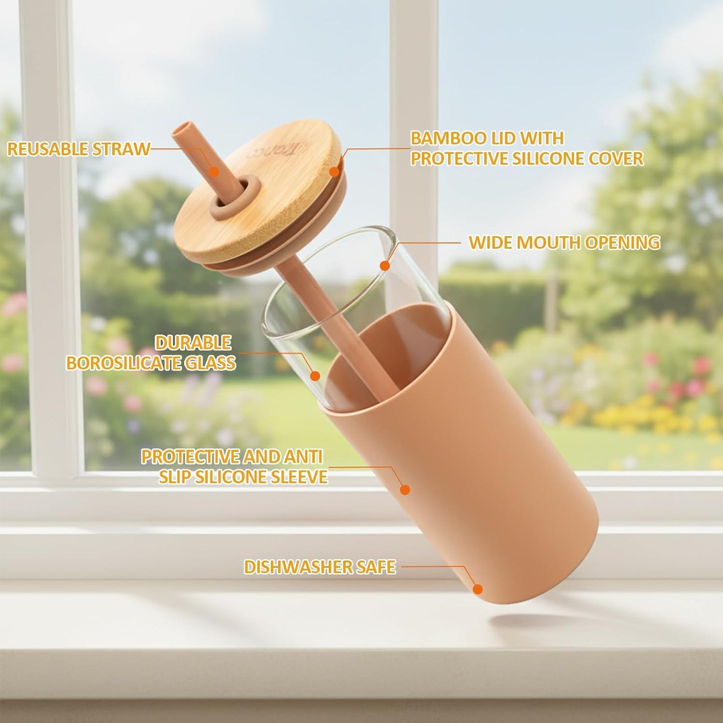 16 Oz Glass Tumbler with Lids and Straw, Reusable Iced Coffee Cup & Smoothie Cup with Bamboo Lid, Silicone Sleeve, Dishwasher Safe, Bpa-Free Borosilicate Glass, 1 Pack