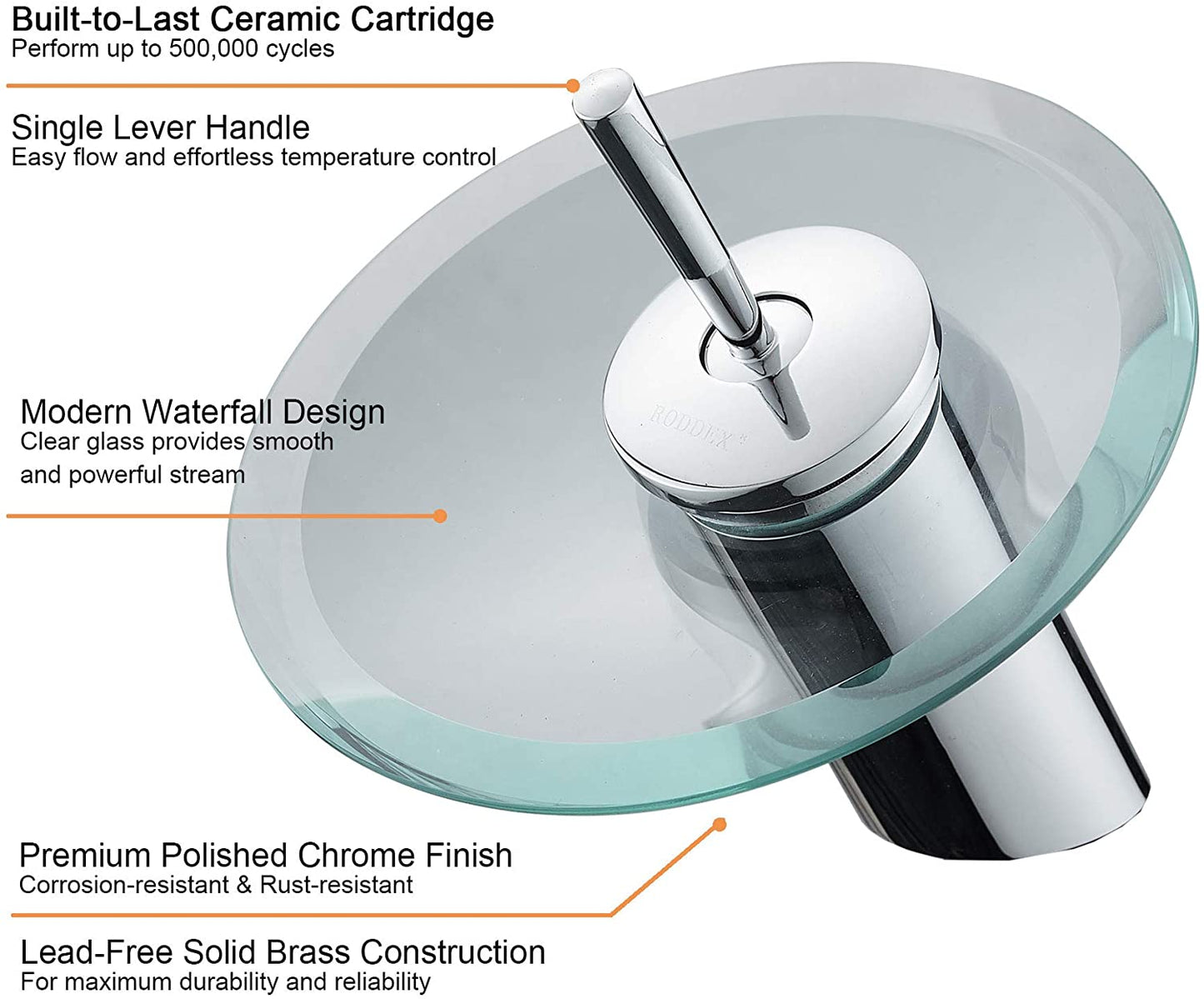 Waterfall Bathroom Sink Faucet Unique Brass Modern Circle Glass Waterfall Faucet for Basin Vanity Single Hole Pedestal Sink Faucets One Handle Corner Sink Bathroom Faucet, Polished Chrome