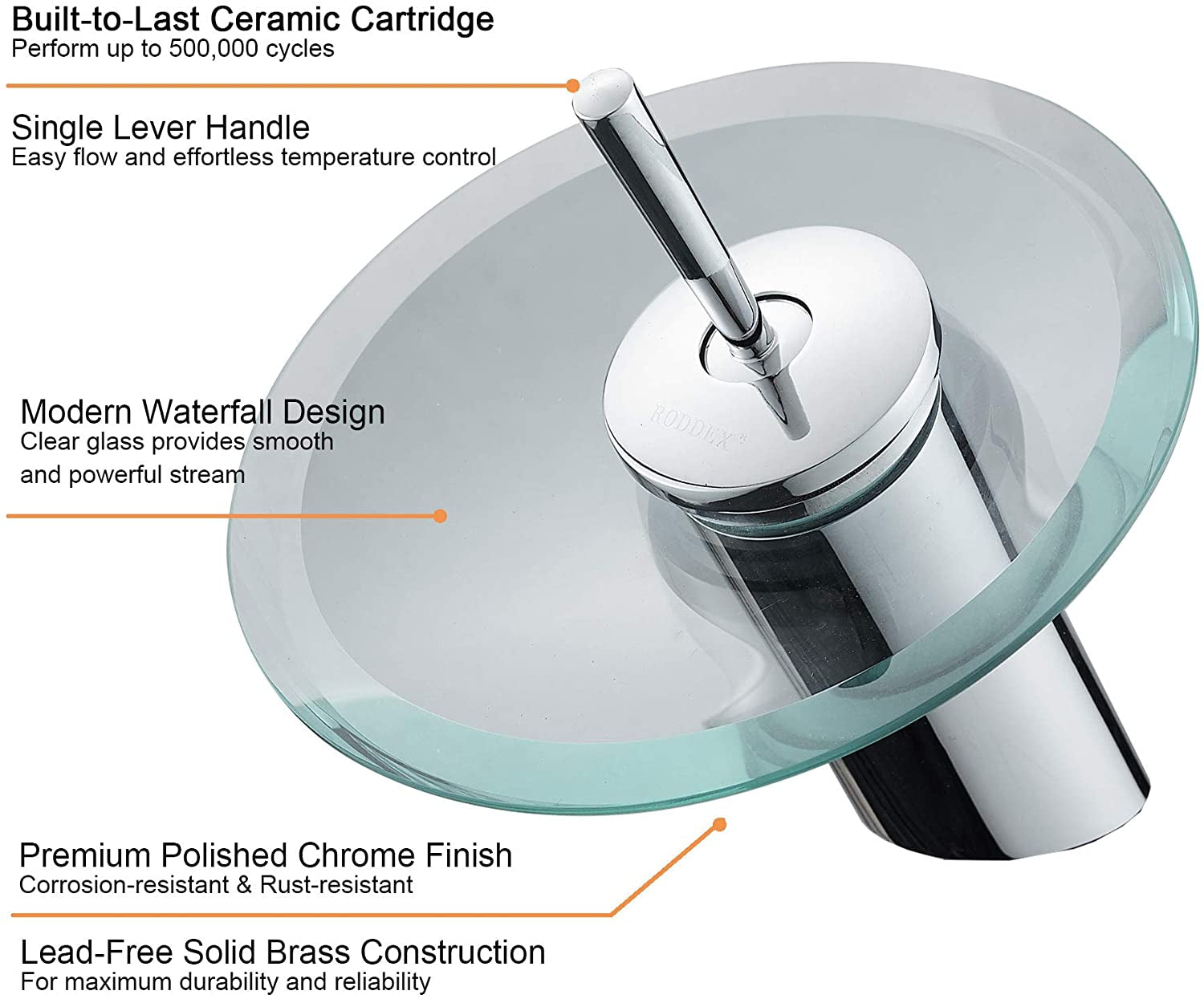 Waterfall Bathroom Sink Faucet Unique Brass Modern Circle Glass Waterfall Faucet for Basin Vanity Single Hole Pedestal Sink Faucets One Handle Corner Sink Bathroom Faucet, Polished Chrome