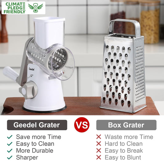 Ultimate Rotary Cheese Grater & Mandoline Slicer - 3 Interchangeable Blades for Effortless Grating & Slicing of Fruits, Vegetables, and Nuts! Easy to Clean!
