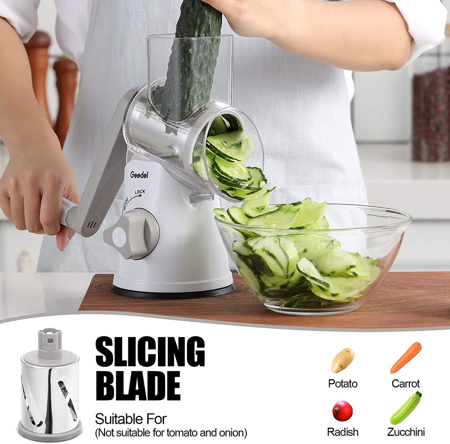 Ultimate Rotary Cheese Grater & Mandoline Slicer - 3 Interchangeable Blades for Effortless Grating & Slicing of Fruits, Vegetables, and Nuts! Easy to Clean!