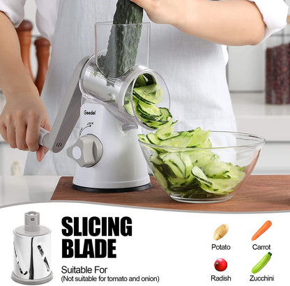 Ultimate Rotary Cheese Grater & Mandoline Slicer - 3 Interchangeable Blades for Effortless Grating & Slicing of Fruits, Vegetables, and Nuts! Easy to Clean!