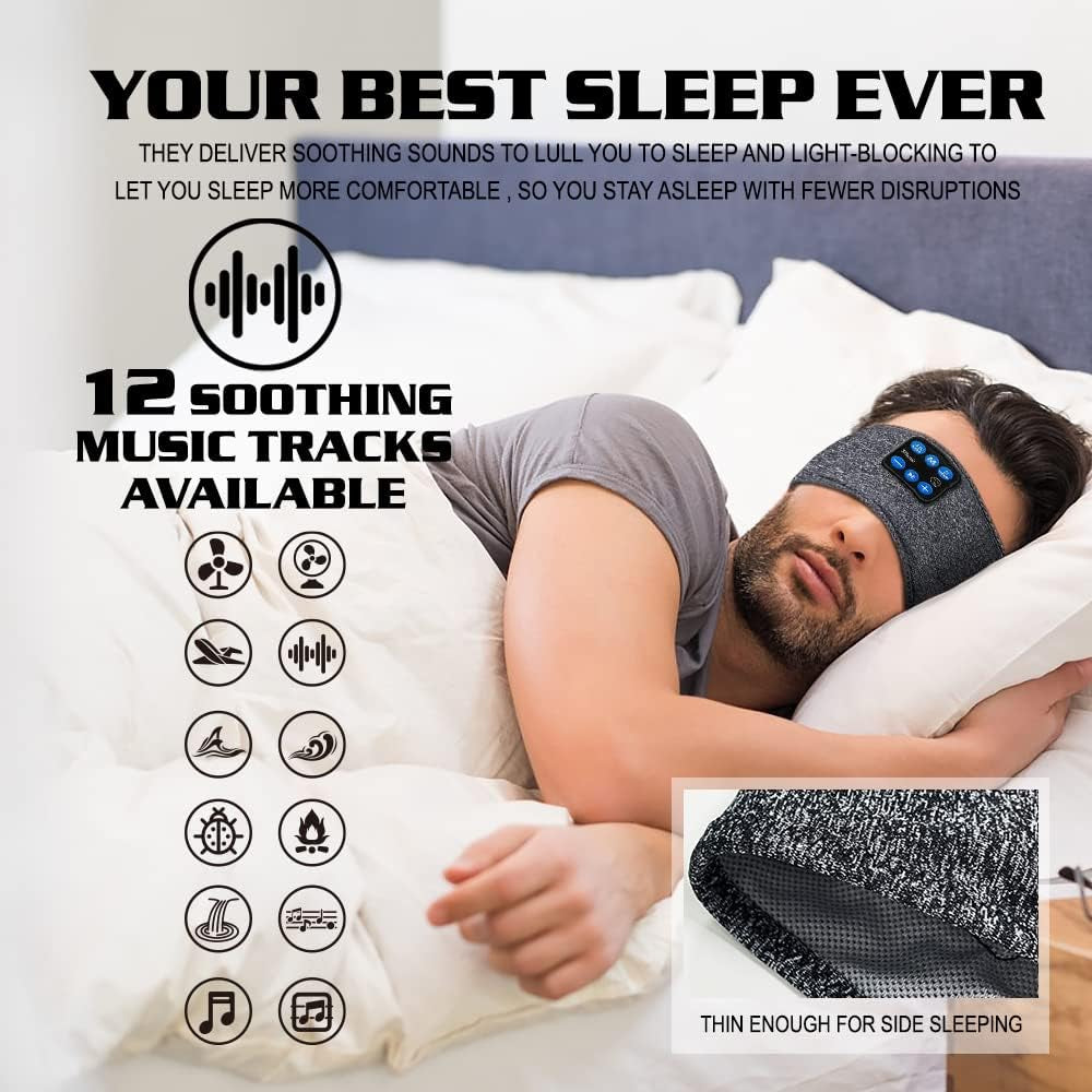 Sleep Headband White Noise Headphones Wireless Bluetooth Sports Built-In HD Stereo Speaker Side Sleepers Sleeping Running Yoga Workout Jogging Insomnia Travel Meditation Grey Version 2021-09