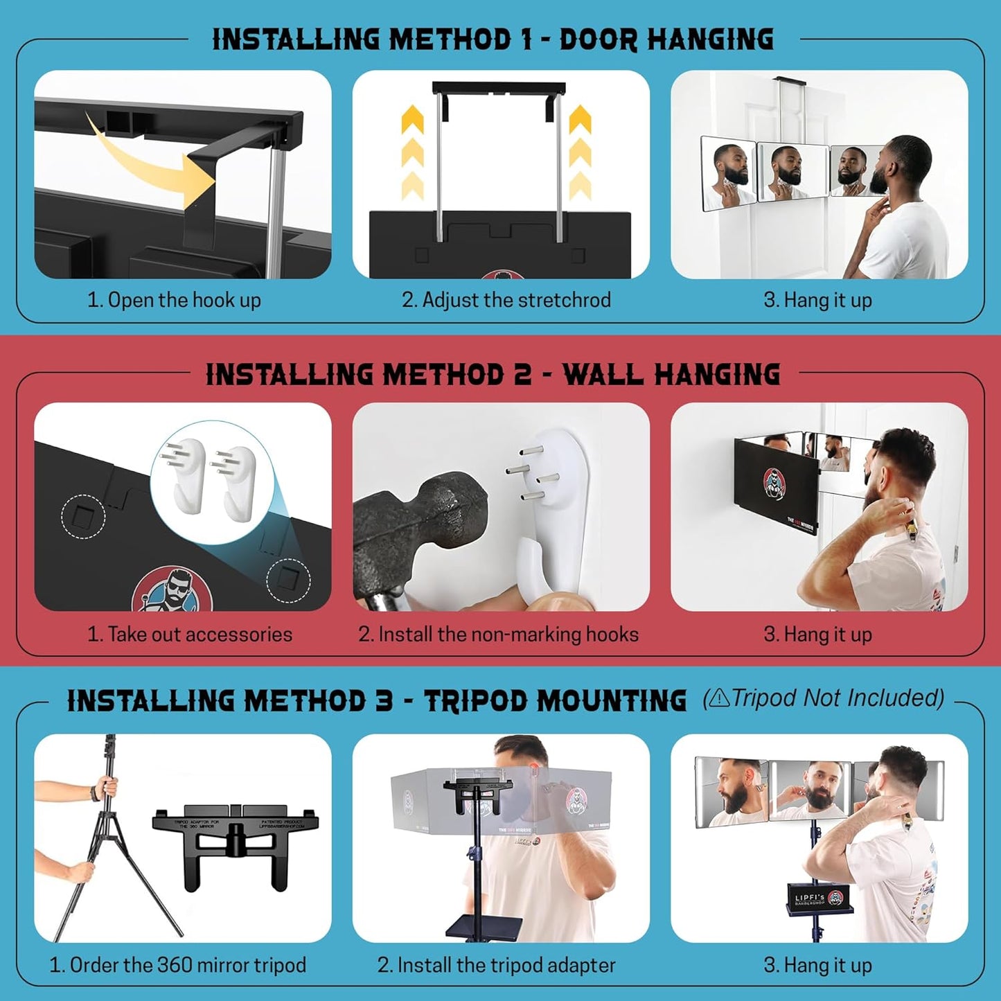 The 360 Mirror - 3 Way Mirror for Self Hair Cutting - Adjustable Trifold Barber Miror to Cut Your Own Hair - Tri Fold Self Haircut System for Men and Women Braiding - Three Sided Miror for Haircuts