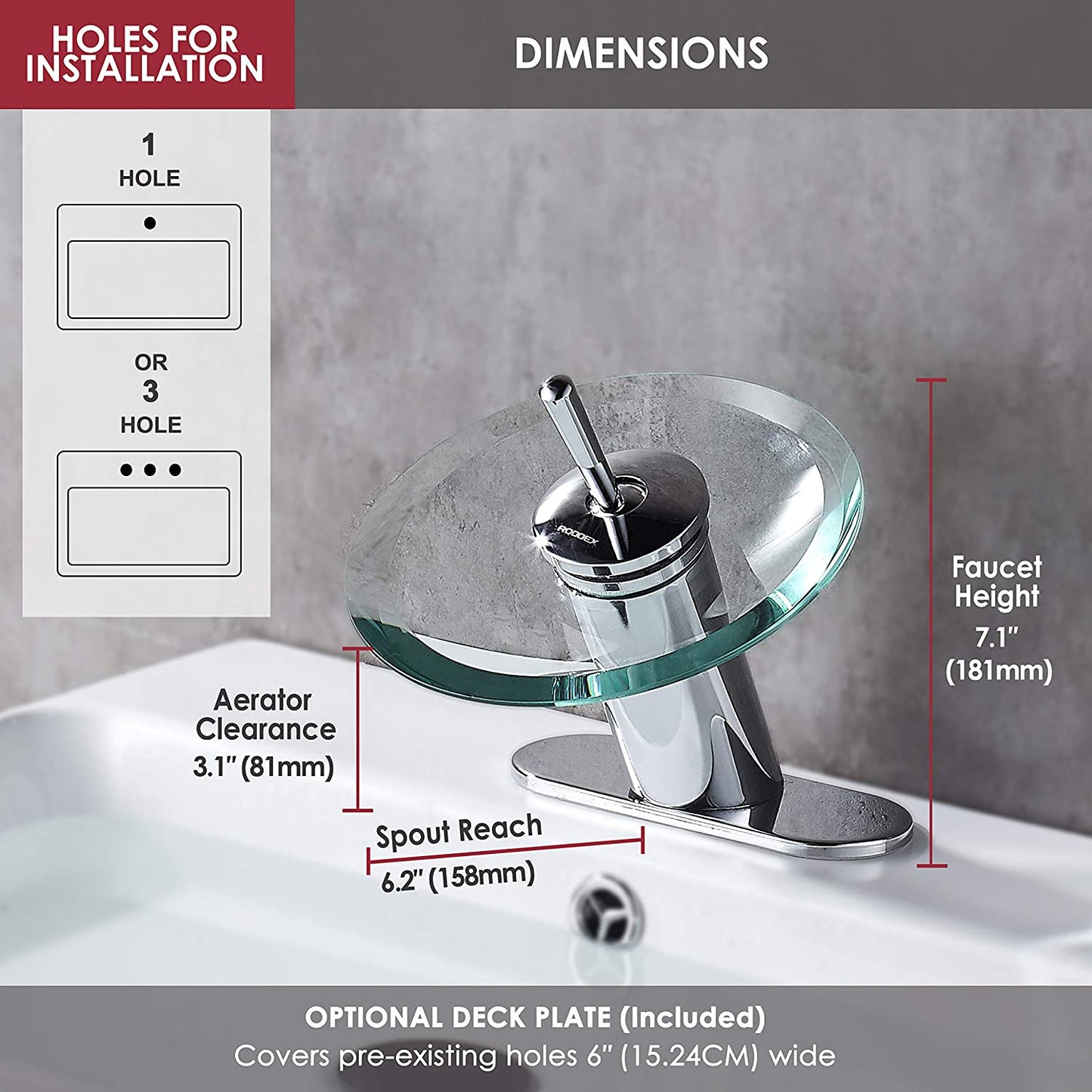 Waterfall Bathroom Sink Faucet Unique Brass Modern Circle Glass Waterfall Faucet for Basin Vanity Single Hole Pedestal Sink Faucets One Handle Corner Sink Bathroom Faucet, Polished Chrome