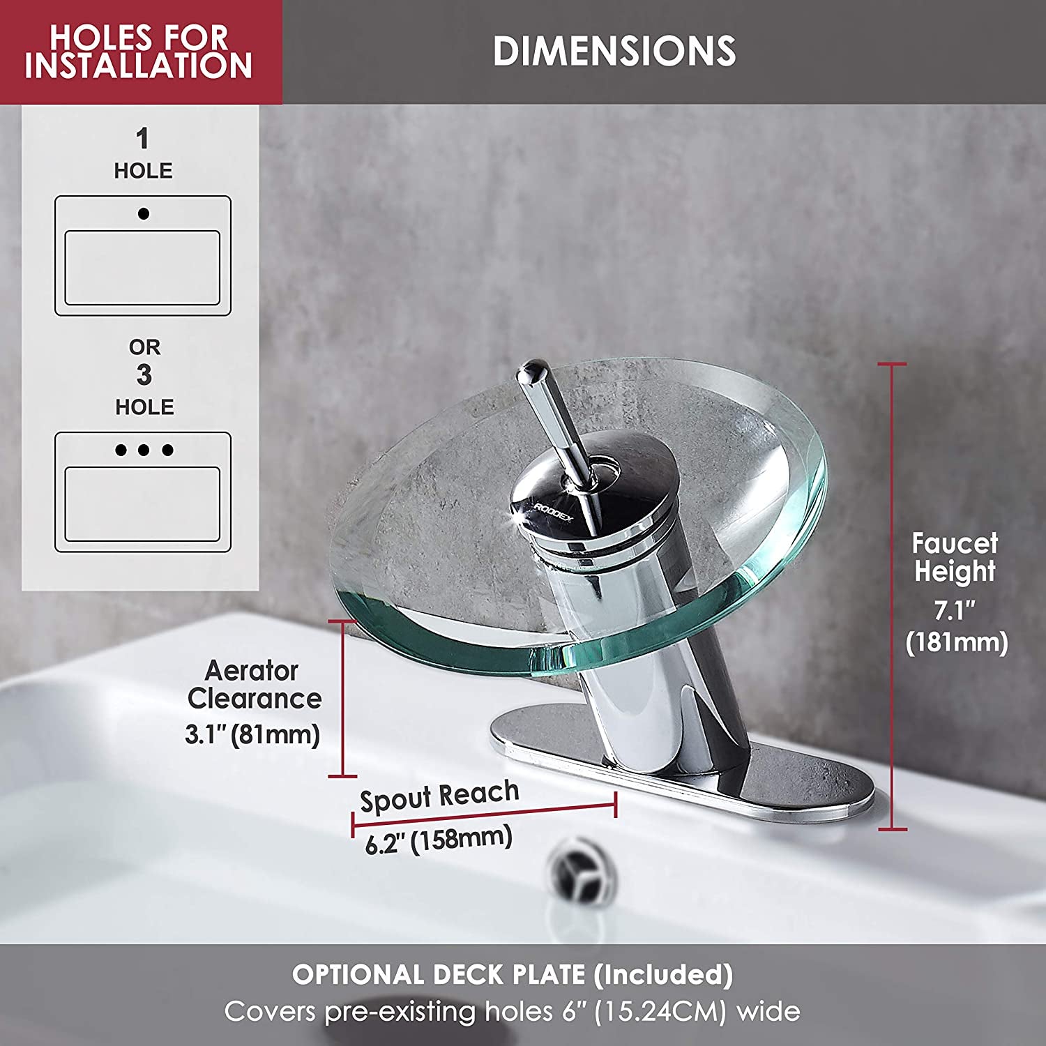 Waterfall Bathroom Sink Faucet Unique Brass Modern Circle Glass Waterfall Faucet for Basin Vanity Single Hole Pedestal Sink Faucets One Handle Corner Sink Bathroom Faucet, Polished Chrome