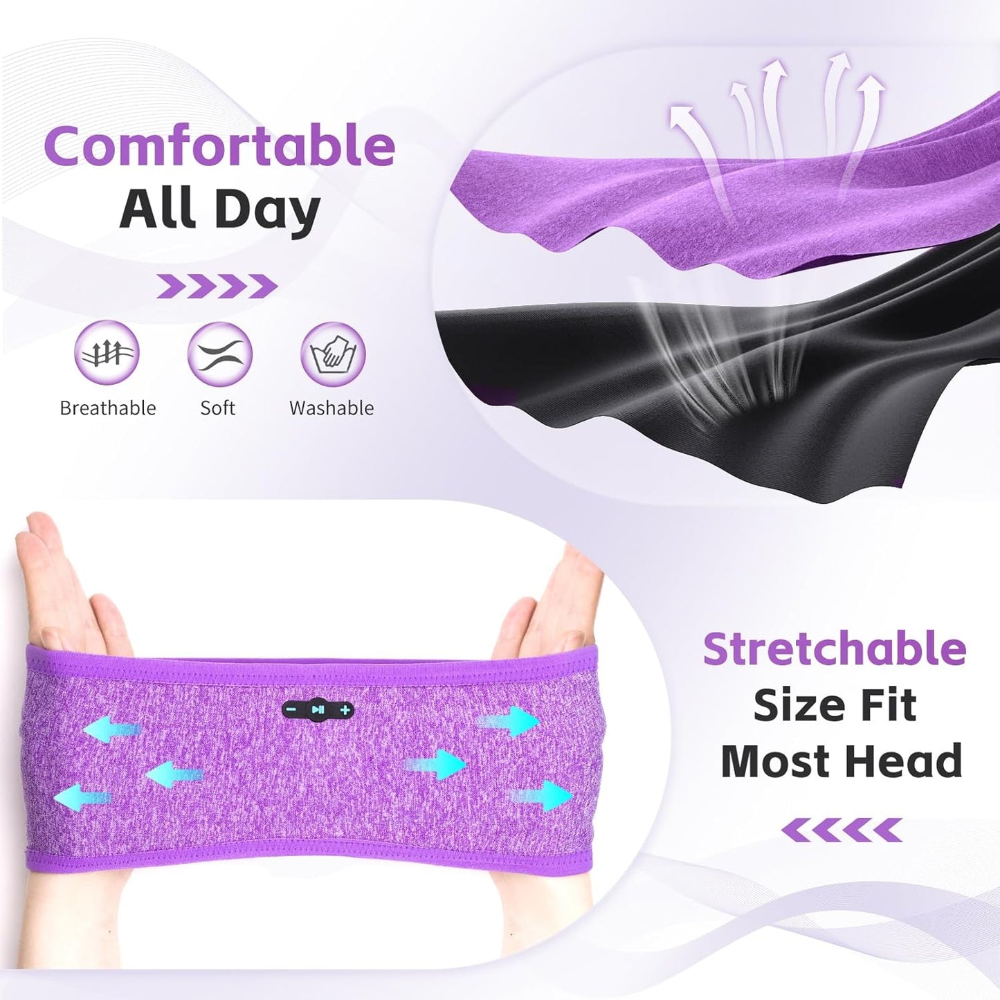 Bluetooth Sleep Headphones 6.0 Headband - 20Hr HD Stereo Wireless Earphones for Side Sleepers, Sports, Yoga, Travel & Meditation - Perfect Gifts for Men & Women in Purple