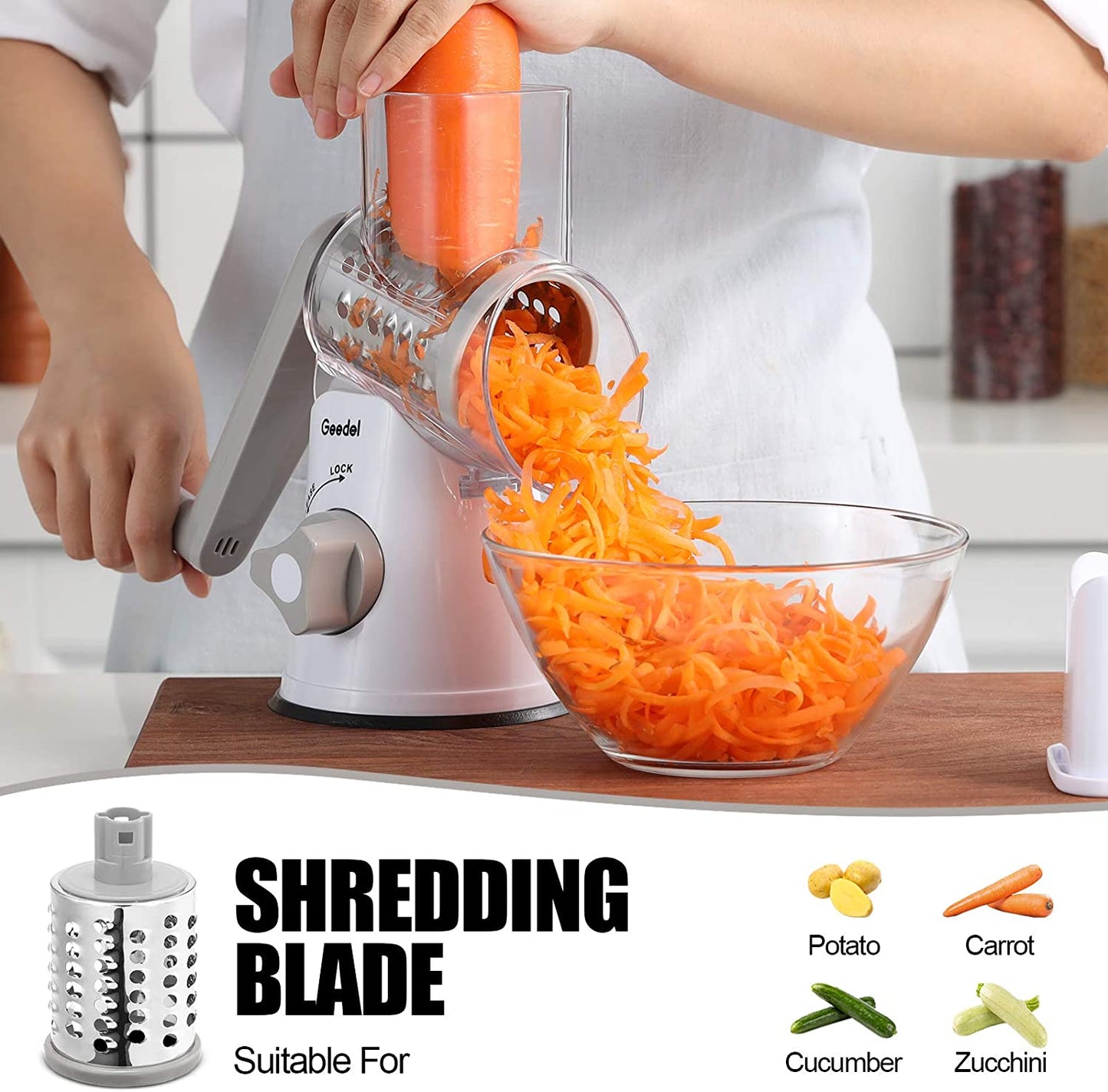 Ultimate Rotary Cheese Grater & Mandoline Slicer - 3 Interchangeable Blades for Effortless Grating & Slicing of Fruits, Vegetables, and Nuts! Easy to Clean!