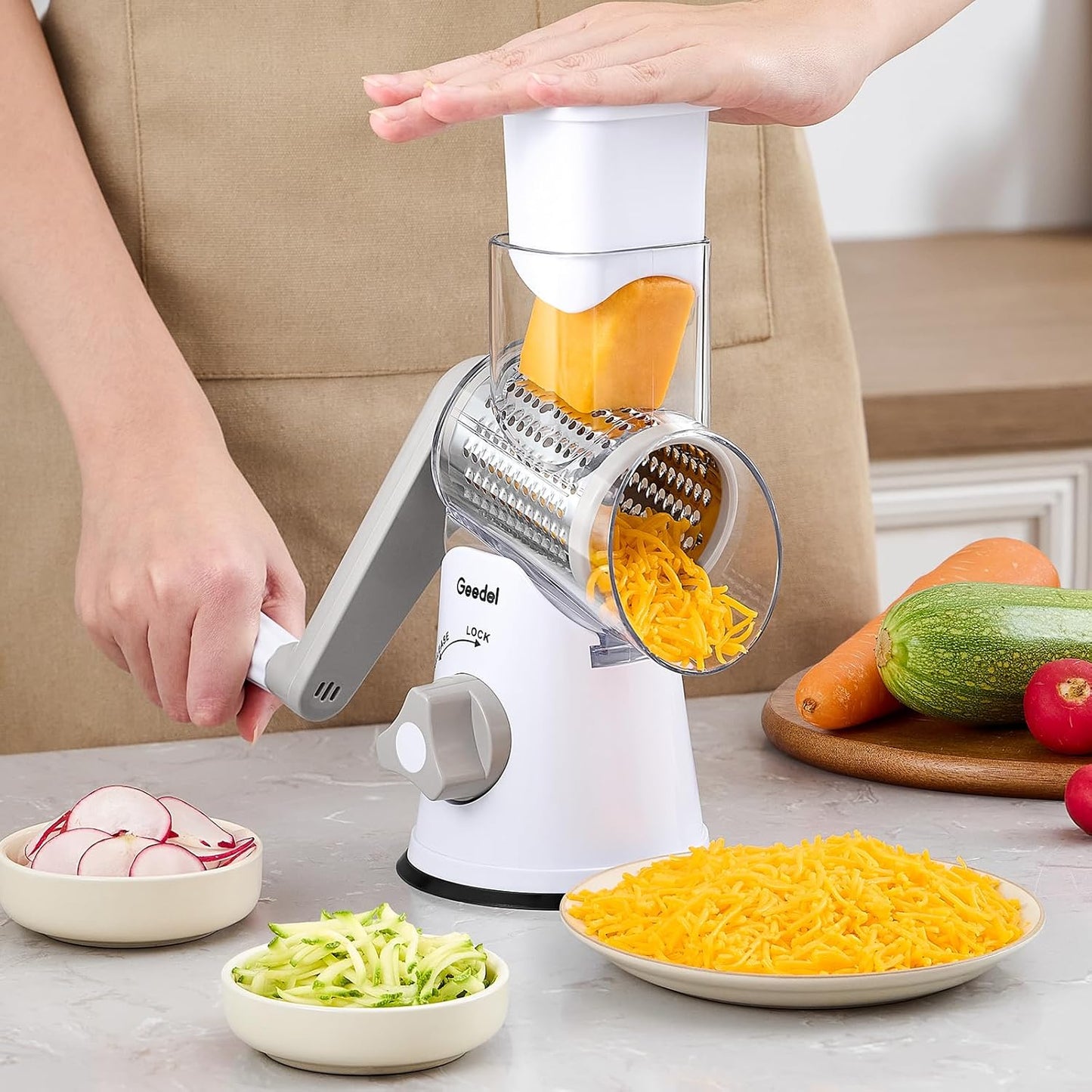 Ultimate Rotary Cheese Grater & Mandoline Slicer - 3 Interchangeable Blades for Effortless Grating & Slicing of Fruits, Vegetables, and Nuts! Easy to Clean!