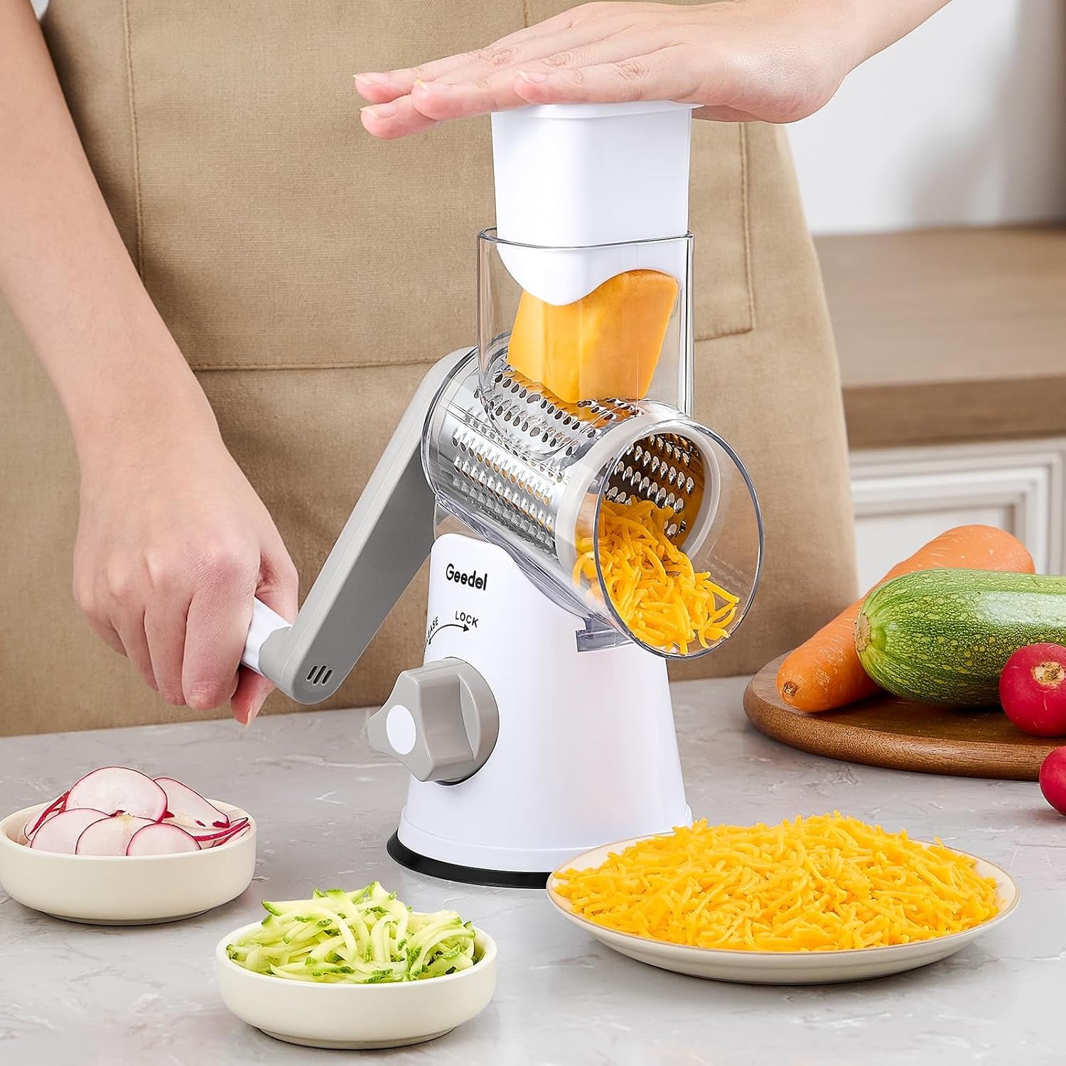 Ultimate Rotary Cheese Grater & Mandoline Slicer - 3 Interchangeable Blades for Effortless Grating & Slicing of Fruits, Vegetables, and Nuts! Easy to Clean!