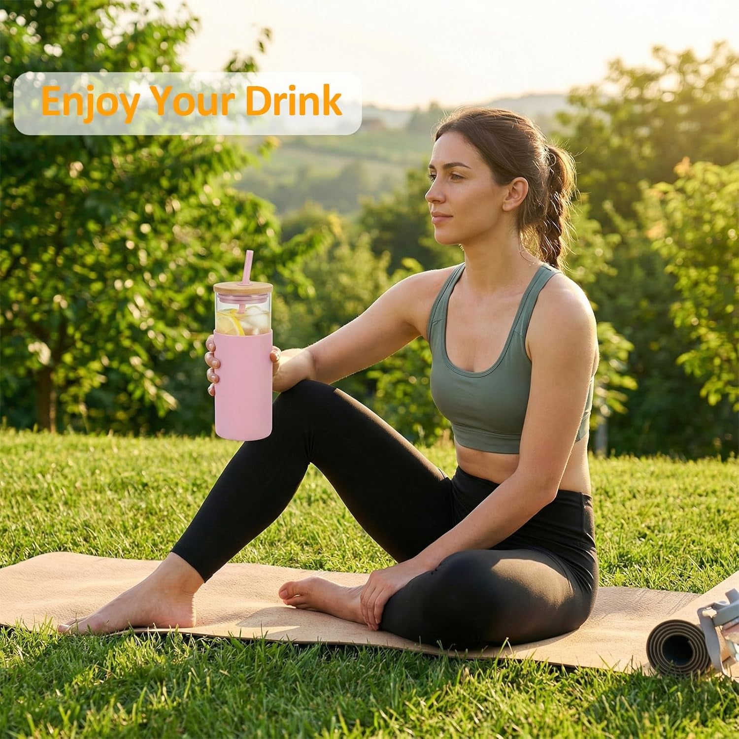 16 Oz Glass Tumbler with Lids and Straw, Reusable Iced Coffee Cup & Smoothie Cup with Bamboo Lid, Silicone Sleeve, Dishwasher Safe, Bpa-Free Borosilicate Glass, 1 Pack