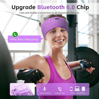 Bluetooth Sleep Headphones 6.0 Headband - 20Hr HD Stereo Wireless Earphones for Side Sleepers, Sports, Yoga, Travel & Meditation - Perfect Gifts for Men & Women in Purple