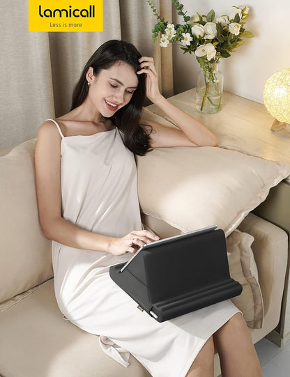 Tablet Pillow Holder Stand - Tablet Pillow Soft Pad Dock for Lap, Bed and Desk with Pocket & 4 Viewing Angles, for Ipad Pro 13, 11, 12.9, Air, Mini, Kindle, Iphone, 4-13" Devices, Black