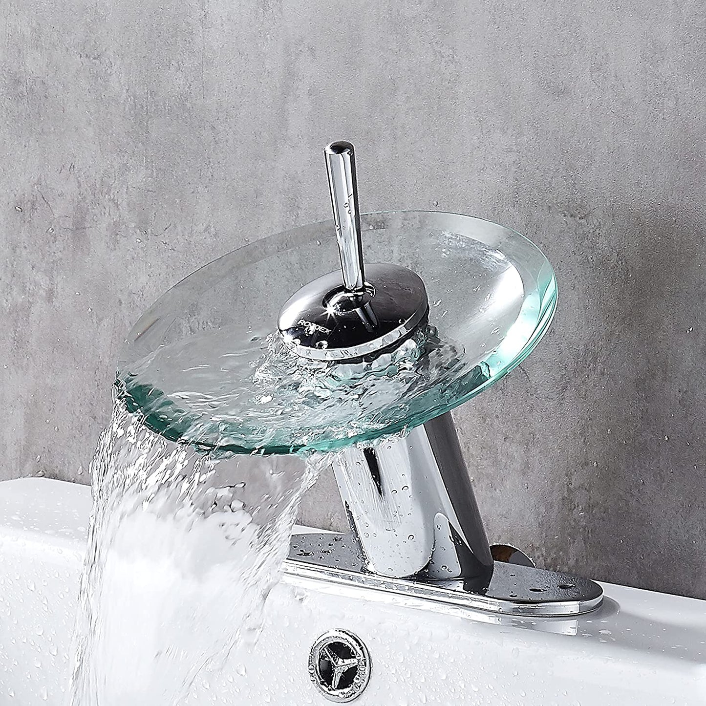 Waterfall Bathroom Sink Faucet Unique Brass Modern Circle Glass Waterfall Faucet for Basin Vanity Single Hole Pedestal Sink Faucets One Handle Corner Sink Bathroom Faucet, Polished Chrome