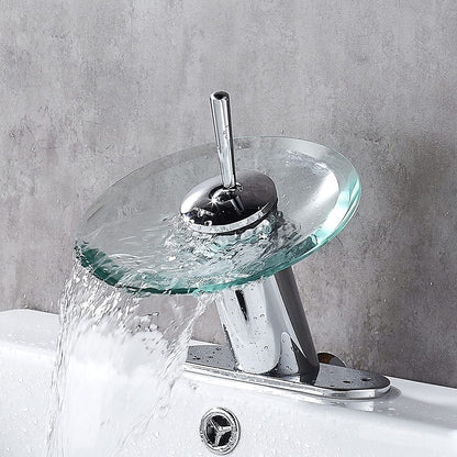 Waterfall Bathroom Sink Faucet Unique Brass Modern Circle Glass Waterfall Faucet for Basin Vanity Single Hole Pedestal Sink Faucets One Handle Corner Sink Bathroom Faucet, Polished Chrome