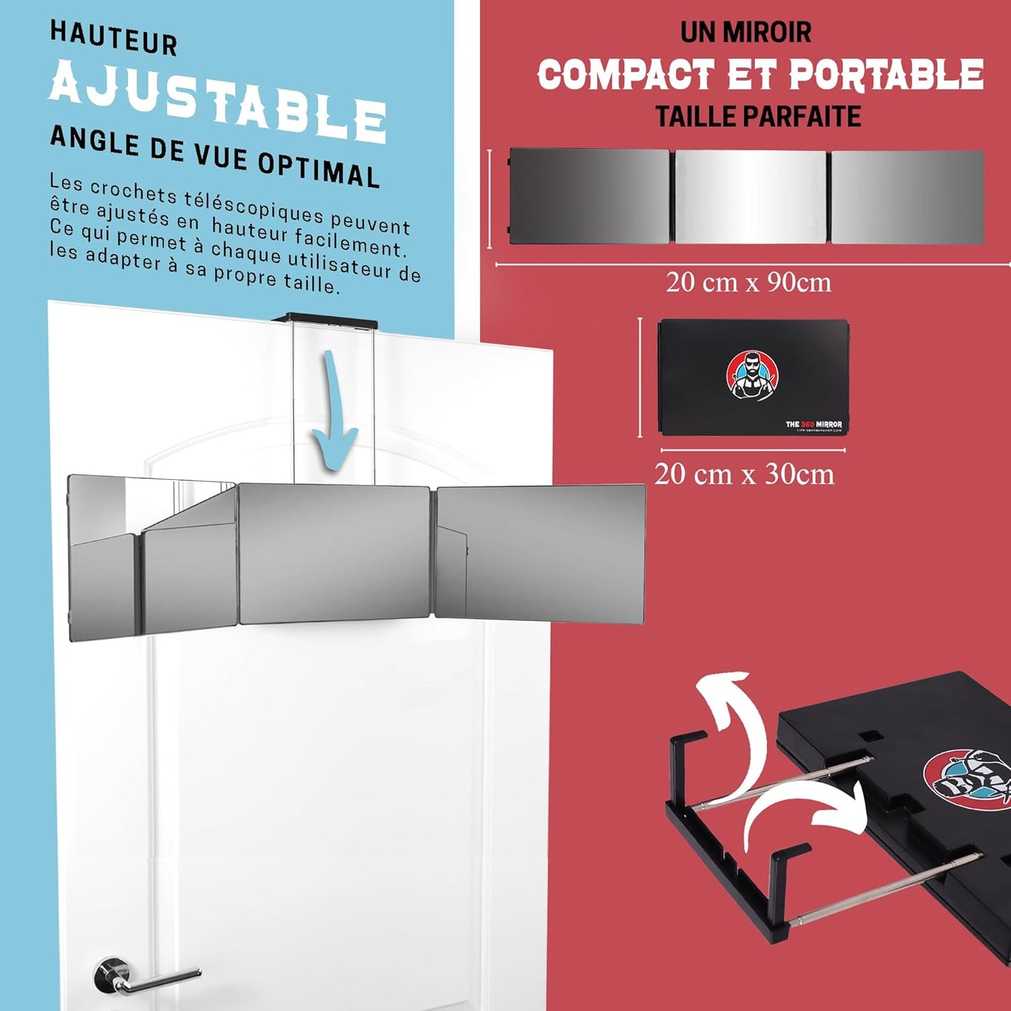 The 360 Mirror - 3 Way Mirror for Self Hair Cutting - Adjustable Trifold Barber Miror to Cut Your Own Hair - Tri Fold Self Haircut System for Men and Women Braiding - Three Sided Miror for Haircuts