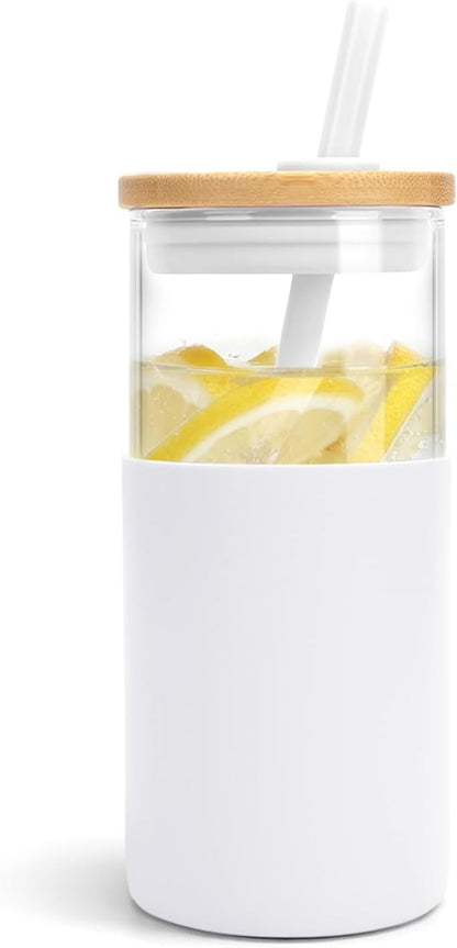 16 Oz Glass Tumbler with Lids and Straw, Reusable Iced Coffee Cup & Smoothie Cup with Bamboo Lid, Silicone Sleeve, Dishwasher Safe, Bpa-Free Borosilicate Glass, 1 Pack