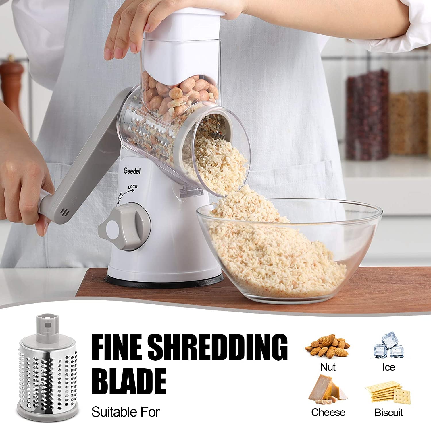 Ultimate Rotary Cheese Grater & Mandoline Slicer - 3 Interchangeable Blades for Effortless Grating & Slicing of Fruits, Vegetables, and Nuts! Easy to Clean!